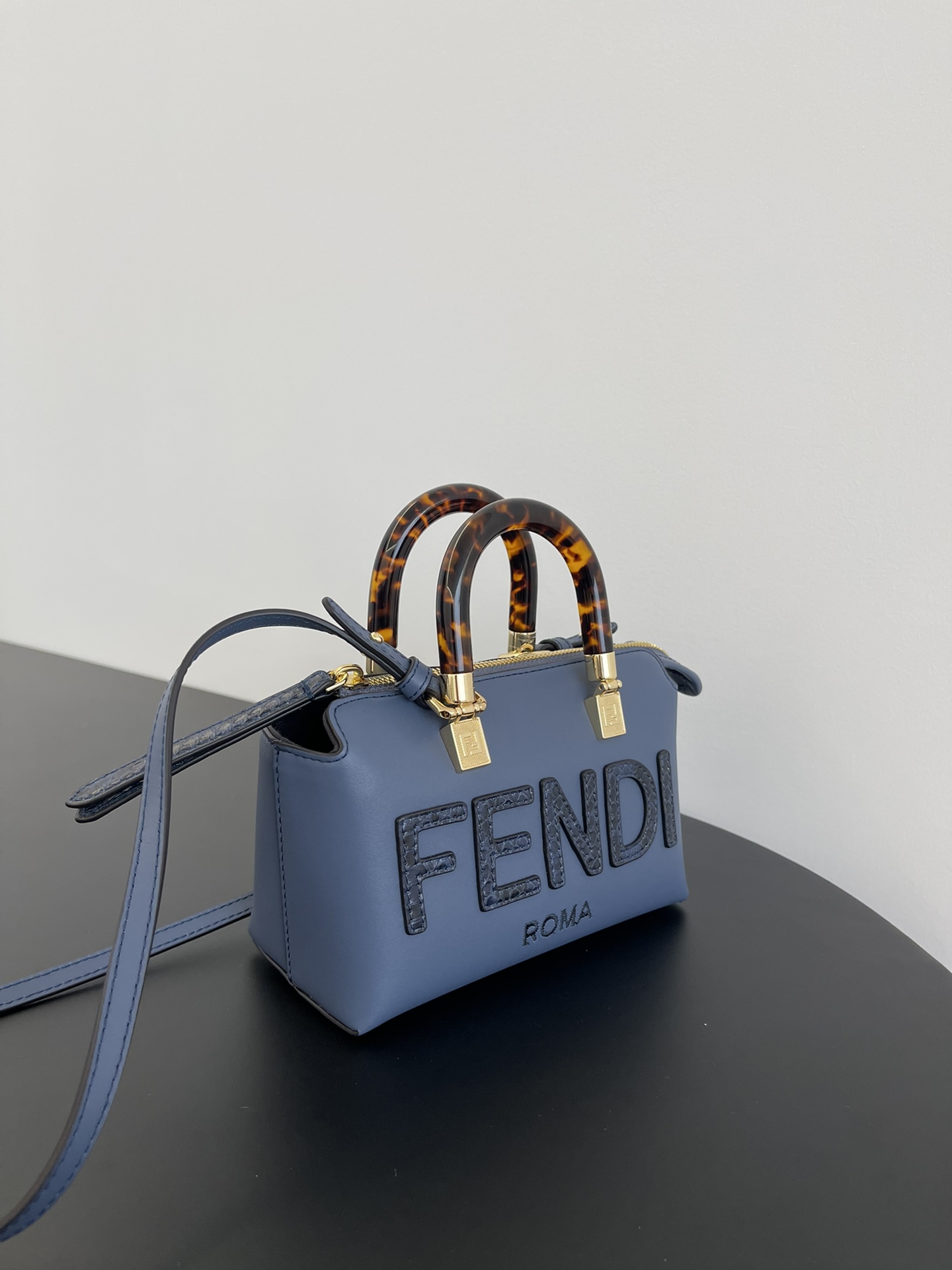 Fendi Mini By The Way Leather Boston Shoulder Bag Navy Blue